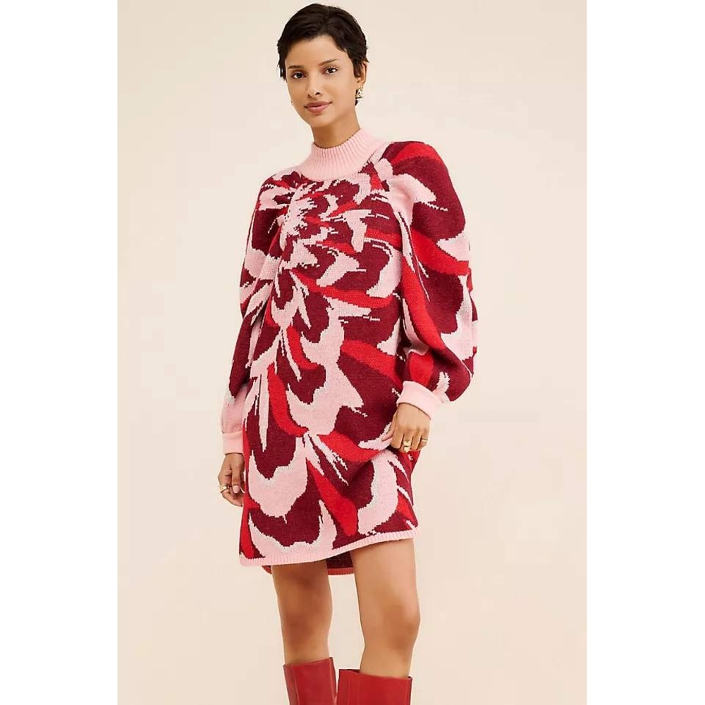 Farm Rio Sweater Dress Womens S Mini Pink Red Puff Sleeve Mock Neck Boho Anthro